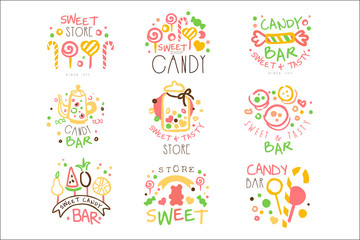 Fototapeta na wymiar Candy Shop Promo Signs Set Of Colorful Vector Design Templates With Sweets And Pastry Silhouettes
