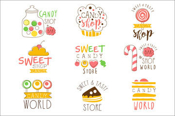 Candy Shop Promo Signs Series Of Colorful Vector Design Templates With Sweets And Pastry Silhouettes