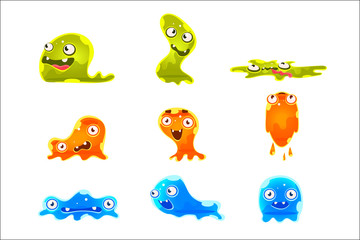 Obraz na płótnie Canvas Sluggish Blob Emoji Cartoon Primitive Fantastic Primitive Organism Characters Of Different Color Set