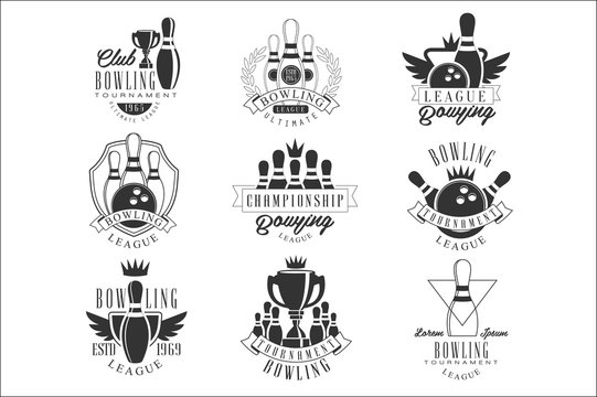 Bowling League Tournament Black And White Sign Design Templates With Text And Tools Silhouettes