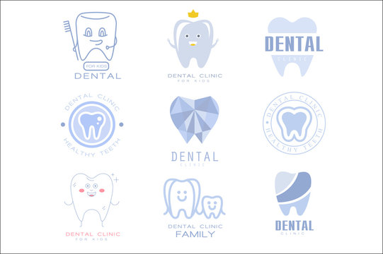 Kids Dental Clinic And Dentist Cabinet Set Of Label Templates In Different Creative Styles And Light Blue Shades