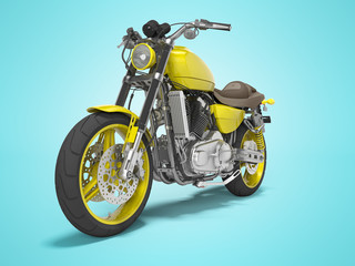 Yellow motorbike on two places front view 3d render on blue background with shadow