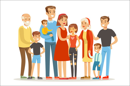 Happy Big Caucasian Family With Many Children Portrait With All The Kids And Babies And Tired Parents Colorful Illustration