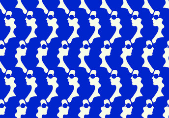 Seamless pattern of girls silhouette in sunglasses. Vector background in white ans blue. - Vector