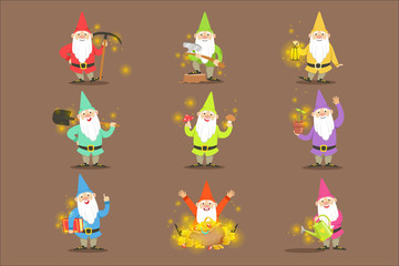 Classic Garden Gnomes In Colorful Outfits Set Of Cartoon Characters Different Situations