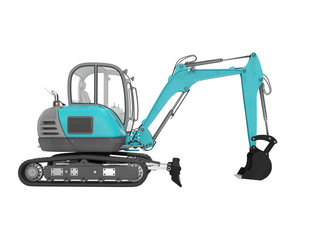 Construction equipment excavator with hydraulic mekhlopaty on crawler with buckets side view 3d render on white background no shadow