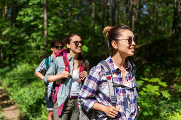 Fototapeta premium travel, tourism, hike and people concept - group of friends walking with backpacks in forest