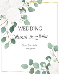 Wedding invitation with flowers and leaves, watercolor, isolated on white. Vector Watercolour.