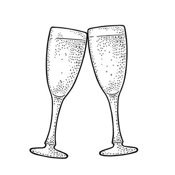 Two clinking glasses champagne. Vintage black vector engraving