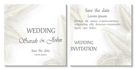 Wedding invitation with white golden  feathers, isolated on white. Vector illustration.
