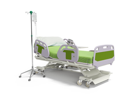 Concept green hospital bed semi automatic with remote control and drip on tripod 3d render on white background with shadow