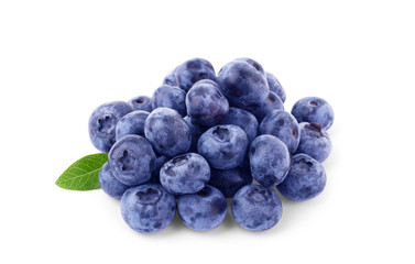 Fresh blueberries with leaves isolated on white background