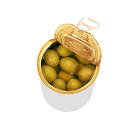 Olives in a tin on a white background