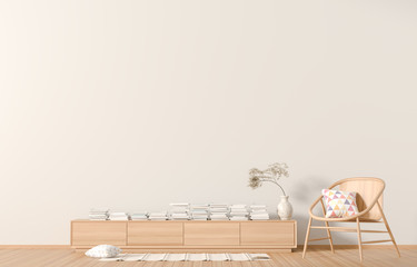Empty wall frame in Scandinavian style interior with wooden furnitures. Minimalist interior design....