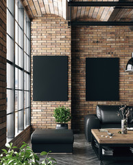 Mock up poster in living room loft in industrial style ,3d render