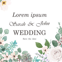 Wedding invitation with flowers and leaves, watercolor, isolated on white. Vector Watercolour.