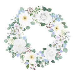 Beautiful wreath of flowers and leaves. Vector watercolor illustration. EPS 10.