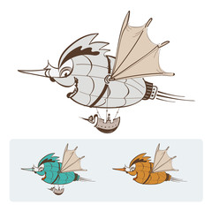 funny illustration of flying zeppelin (a combination of balloon and fish head) © The Mona Isa