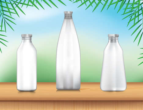 Bottle water stand up with cap on wood table and nature background.