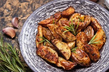 Baked young potatoes in a rustic style with sour cream