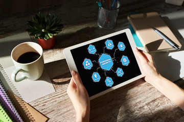 Start new career button on device screen. Recruitment and personal development concept.