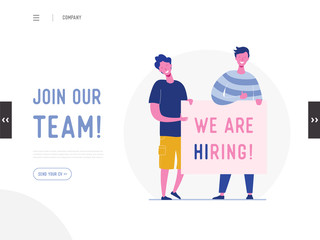 We are hiring illustration concept, job recruitment people characters holding banner , for landing page, social media template, ui, web design, mobile app, poster, flyer in vector