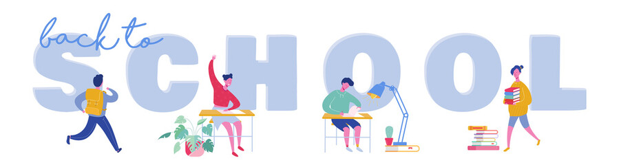 Set of pupils, school children, students going to school, college, university. Sitting school girl and school boy, student with books. Science and education print concept poster. Vector illustration