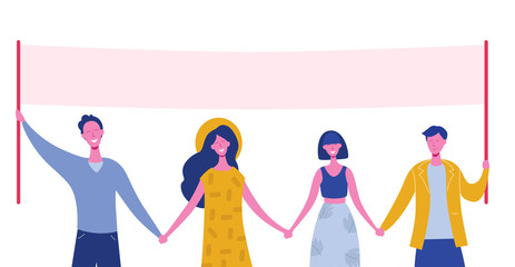Fototapeta premium Group of smiling young men and women standing together and holding blank banner. People taking part in parade or rally. Male and female protesters or activists. Flat cartoon vector illustration