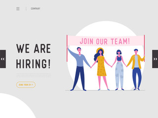 We are hiring illustration concept, job recruitment people characters holding banner , for landing page, social media template, ui, web design, mobile app, poster, flyer in vector