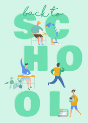 Fototapeta premium Set of pupils, school children, students going to school, college, university. Sitting school girl and school boy, student with books. Science and education print concept poster. Vector illustration