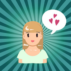 Vector illustration, smiling flat girl feeling love on a striped background. Speech bubble.