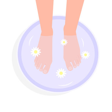 Feminine feet in foot bath with flowers isolated on white background. Flat vector design. 