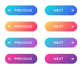 previous next web buttons set. filled ui web buttons in flat style. rounded vector buttons on trendy gradients with symbols for web and ui design