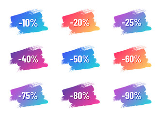 discount white letterings with shadows on color gradient brush strokes. discount from 10 to 90 percent off. illustration for promo advertising discounts