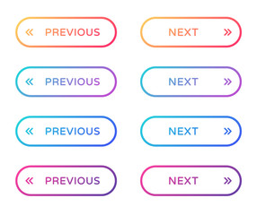 previous next web buttons set. outline ui web buttons in flat style. rounded vector buttons on trendy gradients with symbols for web and ui design