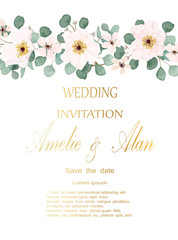 Wedding invitation with flowers and leaves, watercolor, isolated on white. Vector Watercolour.