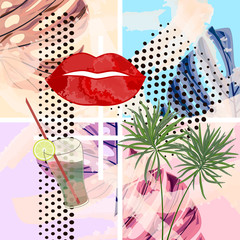 Abstract retro collage travel. Art watercolor style. Vector illustration.