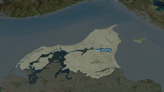 Nordjylland - region of Denmark with its capital zoomed on the satellite map of the globe. Animation 3D