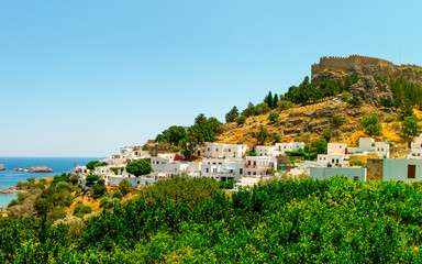 Fototapeta na wymiar The historic city of Lindos and the Acropolis of Lindos on Rhodes, Greece