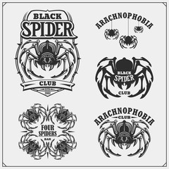 Arachnophobia club emblems. Night dance club, sport team design. Scary spooky spider. Print design for t-shirt.