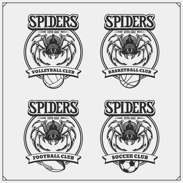 Volleyball, basketball, soccer and football logos and labels. Sport club emblems with spider. Print design for t-shirts.
