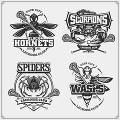 Set of lacrosse badges, labels and design elements. Sport club emblems with scorpion, wasp, hornet and spider. Print design for t-shirts.