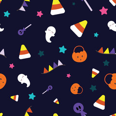 Seamless pattern for halloween festival. Illustration of cute ghost, corn candy, bunting flags, pumpkin basket, skull candy and colorful stars.