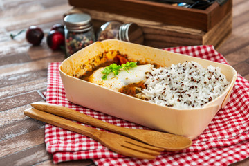 cod fish sauce virgin rice and red quinoa
