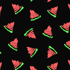 Red Watermelon illustration. Summer fruit seamless pattern sweet texture. Season food black background. Colorful kids print, t shirt design children book paper fabric textile, template, cafe identity