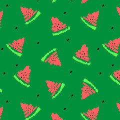 Red Watermelon illustration. Summer fruit seamless pattern sweet texture. Seasons food Green background. Colorful kids print, t shirt design children book paper fabric textile, template, cafe identity