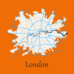 Flat color map of London, United Kingdom. City Plan of London. Vector illustration