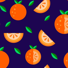 Orange fruit flat icons Seamless Pattern set blue background. Cartoon summer food cute kawaii style. Funny doodle illustration. Whole slice, half fresh healthy fruits logo, t shirt kids print Vector