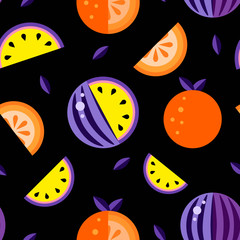 Watermelons Violet yellow Orange black background. Seamless pattern melon set wallpaper Vector. Good for t shirt print. Hand drawn graphic symbol backdrop. Decoration summer fruit texture illustration