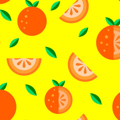Orange fruit flat icons Seamless Pattern set yellow background. Cartoon summer food cute kawaii style. Funny doodle illustration. Whole slice, half fresh healthy fruits logo, t shirt kids print Vector